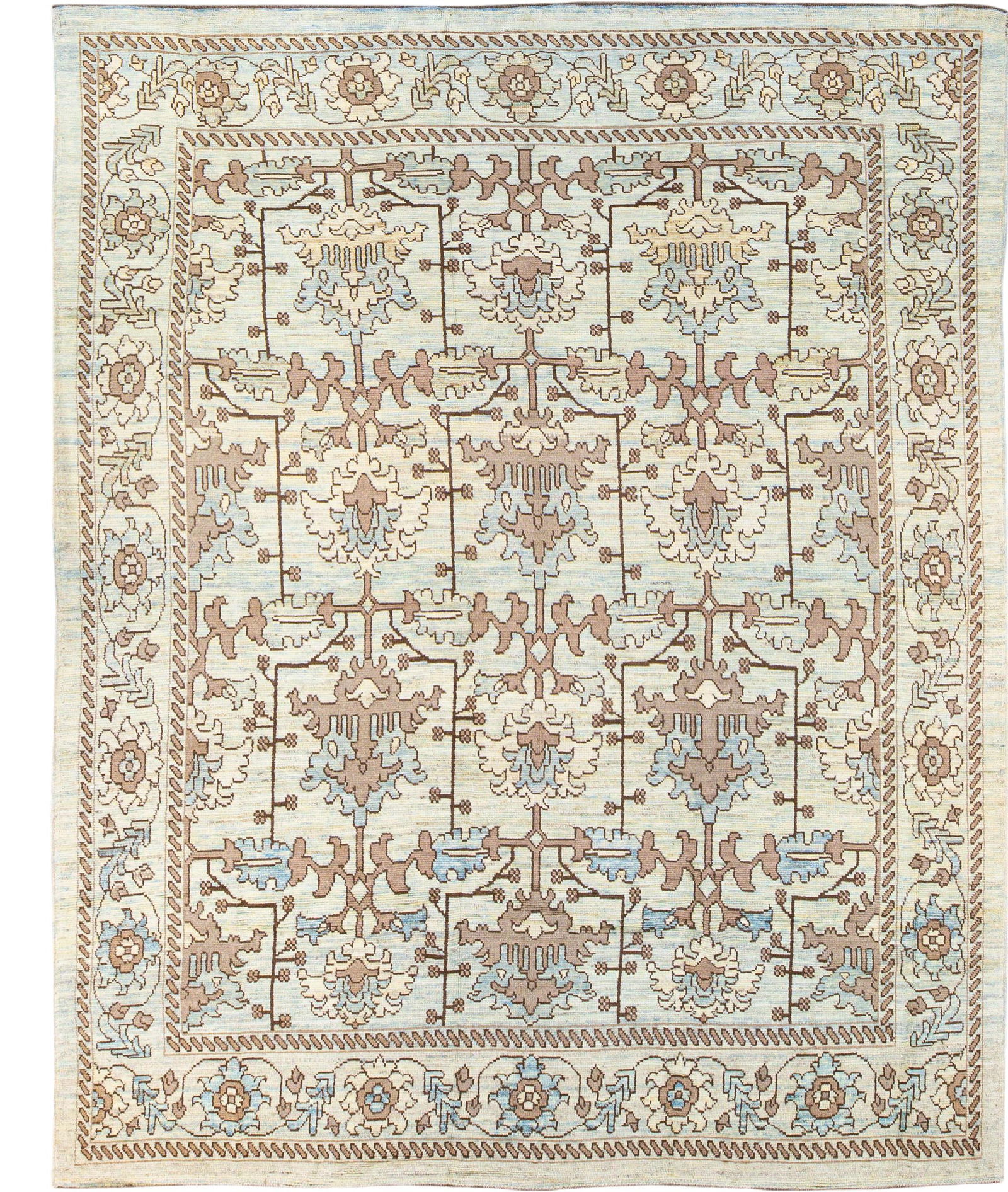 Modern Oushak Floral Design Beige Blue Wool Rug 10'11 x 13'8: Modern Oushak Floral Design Beige Blue Wool Rug 10'11 x 13'8 Enhance your living space with this stunning Modern Oushak Handmade Floral Pattern Rug. Crafted from high-quality hand-knotted wool, this r