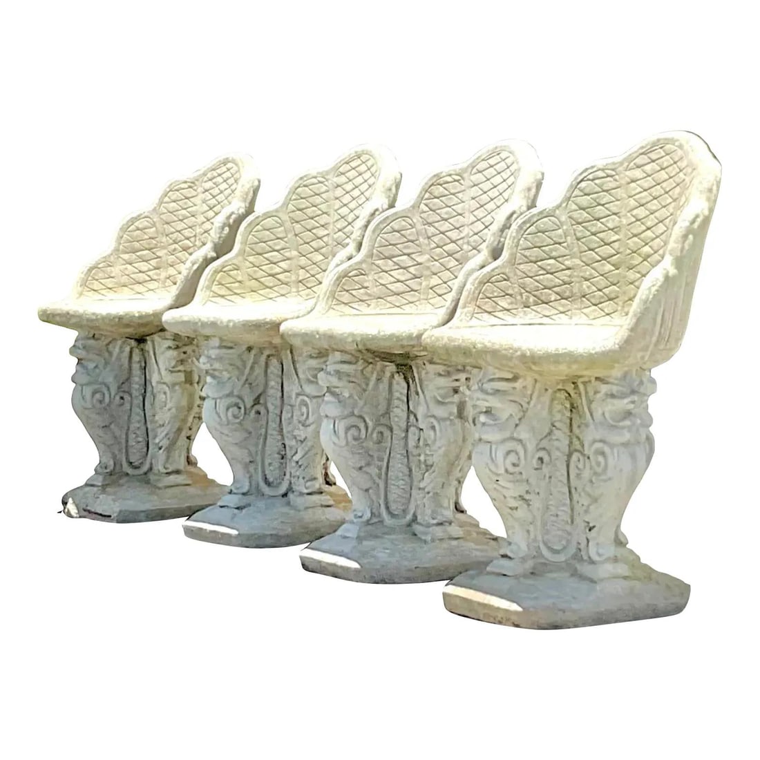 Vintage Coastal Grotto Chairs Set of Four Serpent Pedestals: Vintage Coastal Grotto Chairs Set of Four Serpent Pedestals Enhance your outdoor or indoor space with this stunning set of four vintage Coastal dining chairs, featuring the iconic Grotto style with se