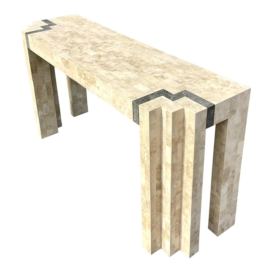 Vintage Contemporary Tessellated Stone Skyscraper Console Table Ecru: Vintage Contemporary Tessellated Stone Skyscraper Console Table Ecru Discover this stunning late 20th-century vintage Contemporary console table featuring an iconic Skyscraper design. The table showca