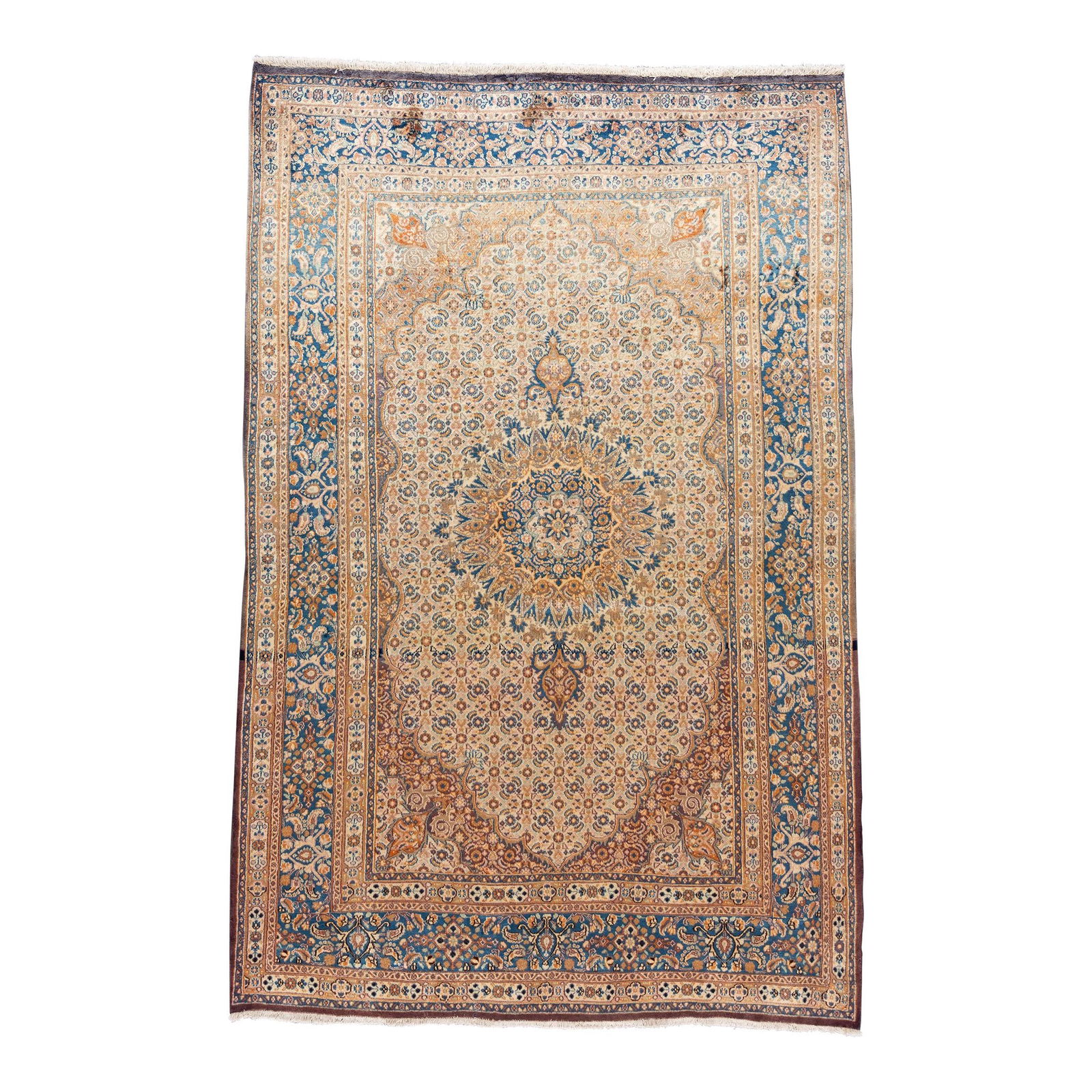1940s Beige Persian Tabriz Handmade Wool Medallion Rug 6'9 x 10'5: 1940s Beige Persian Tabriz Handmade Wool Medallion Rug 6'9 x 10'5 This exquisite vintage Persian Tabriz rug showcases a beautiful hand-knotted design in a lovely beige field. It features intricate blu