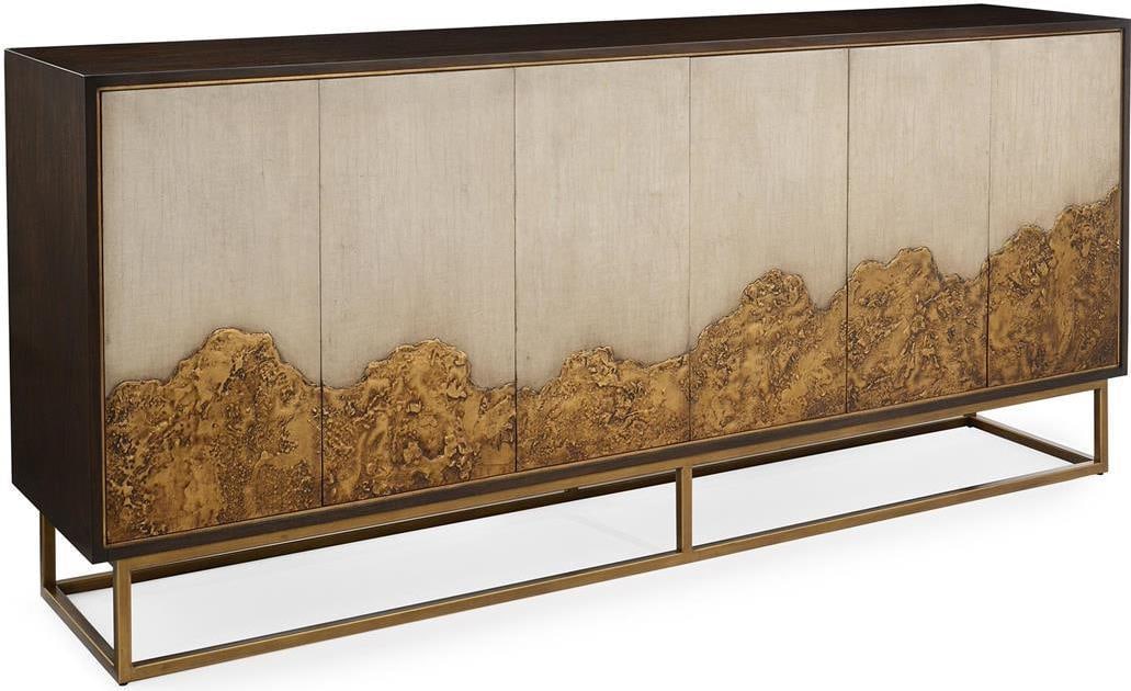 John-Richard Highlands Contemporary Aztec Gold Walnut Sideboard: John-Richard Highlands Contemporary Aztec Gold Walnut Sideboard Experience the elegance of this Luxurious Aztec Gold & Walnut Sideboard, perfect for enhancing your contemporary dining space. Crafted b