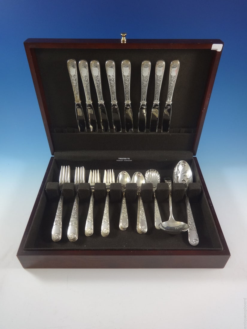 Kirk Old Maryland Engraved Sterling Silver Flatware Set 36 Pieces: Kirk Old Maryland Engraved Sterling Silver Flatware Set 36 Pieces Elevate your dining experience with the Old Maryland Engraved Sterling Silver Flatware Set by Kirk. This exquisite set, crafted post-1