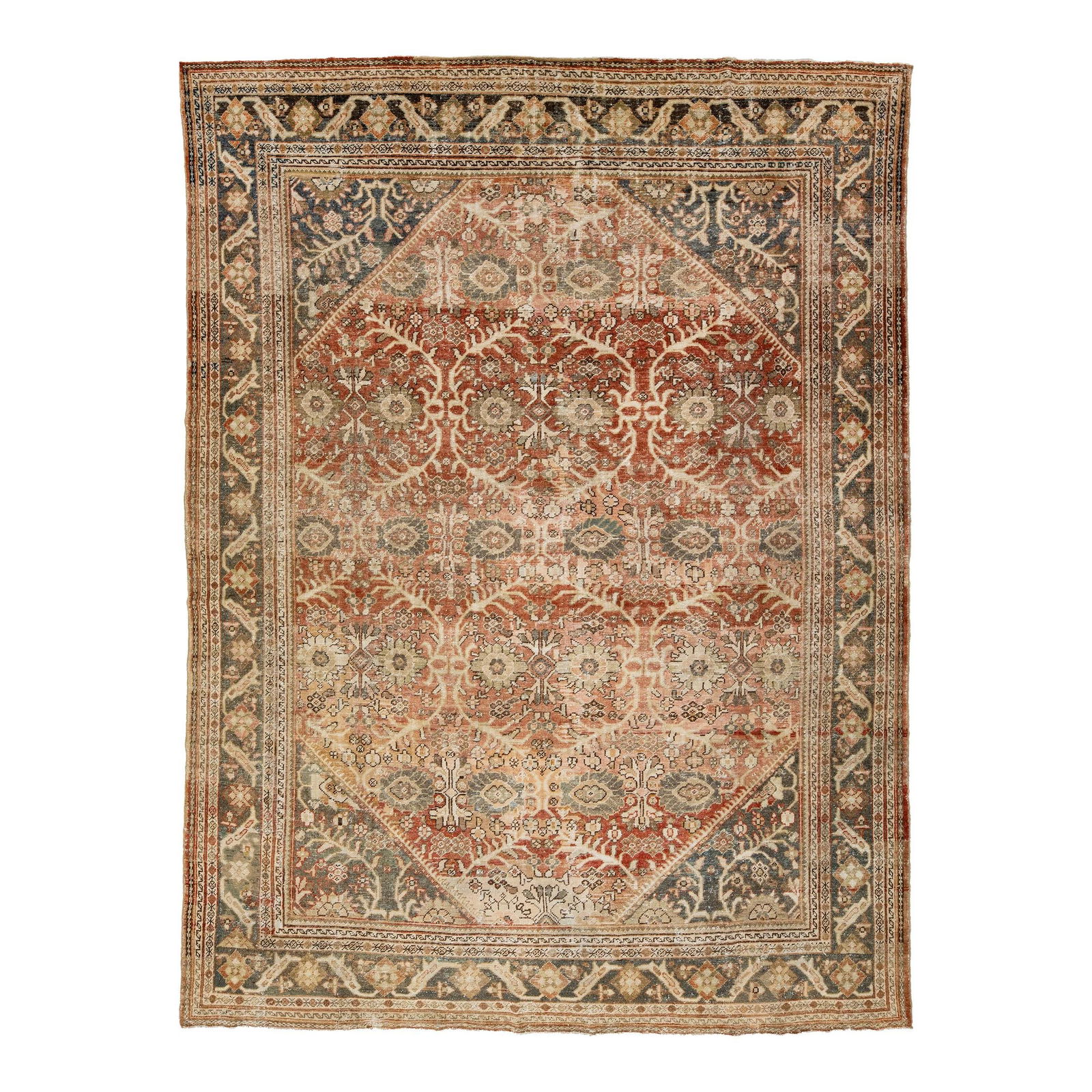 Antique Mahal Hand-Knotted Wool Rug 9'10 x 13'1 in Rust Floral Motif: Antique Mahal Hand-Knotted Wool Rug 9'10 x 13'1 in Rust Floral Motif This exquisite hand-knotted Persian rug features a rich rust field adorned with a floral motif in vibrant blue, pink, and brown hue