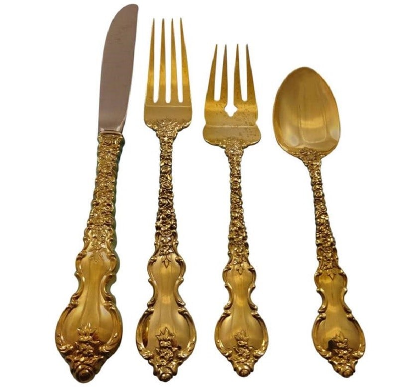 Du Barry International Sterling Silver Vermeil Gold Flatware Set 48 Pieces: Du Barry International Sterling Silver Vermeil Gold Flatware Set 48 Pieces Enhance your dining experience with the stunning Du Barry by International Sterling Silver Flatware Service. This exquisite s