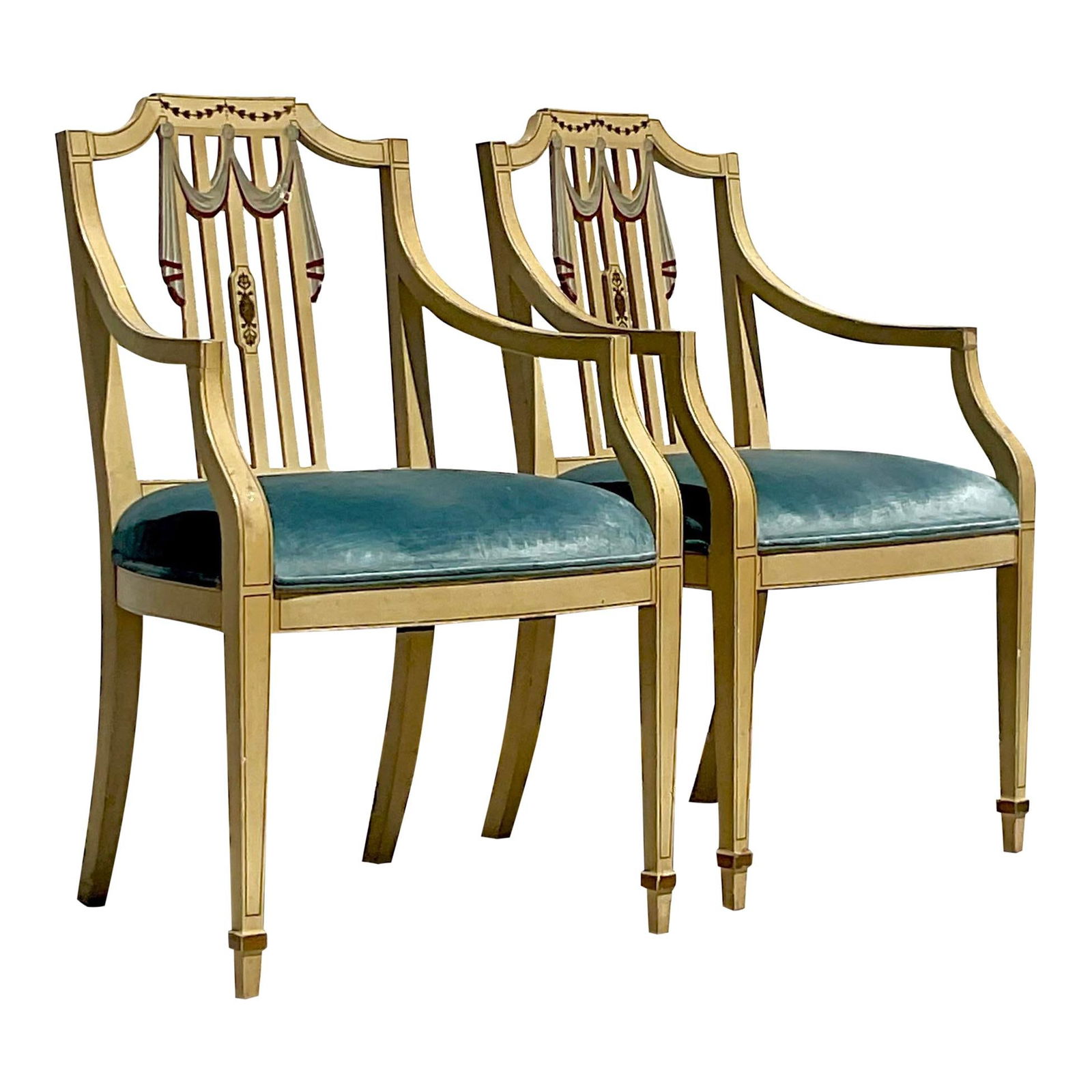 Vintage Regency Hand Painted Arm Chairs Pair with Blue Velvet Seats: Vintage Regency Hand Painted Arm Chairs Pair with Blue Velvet Seats Enhance your living space with this exquisite pair of vintage Regency arm chairs. These chairs feature brilliant hand-painted Trompe