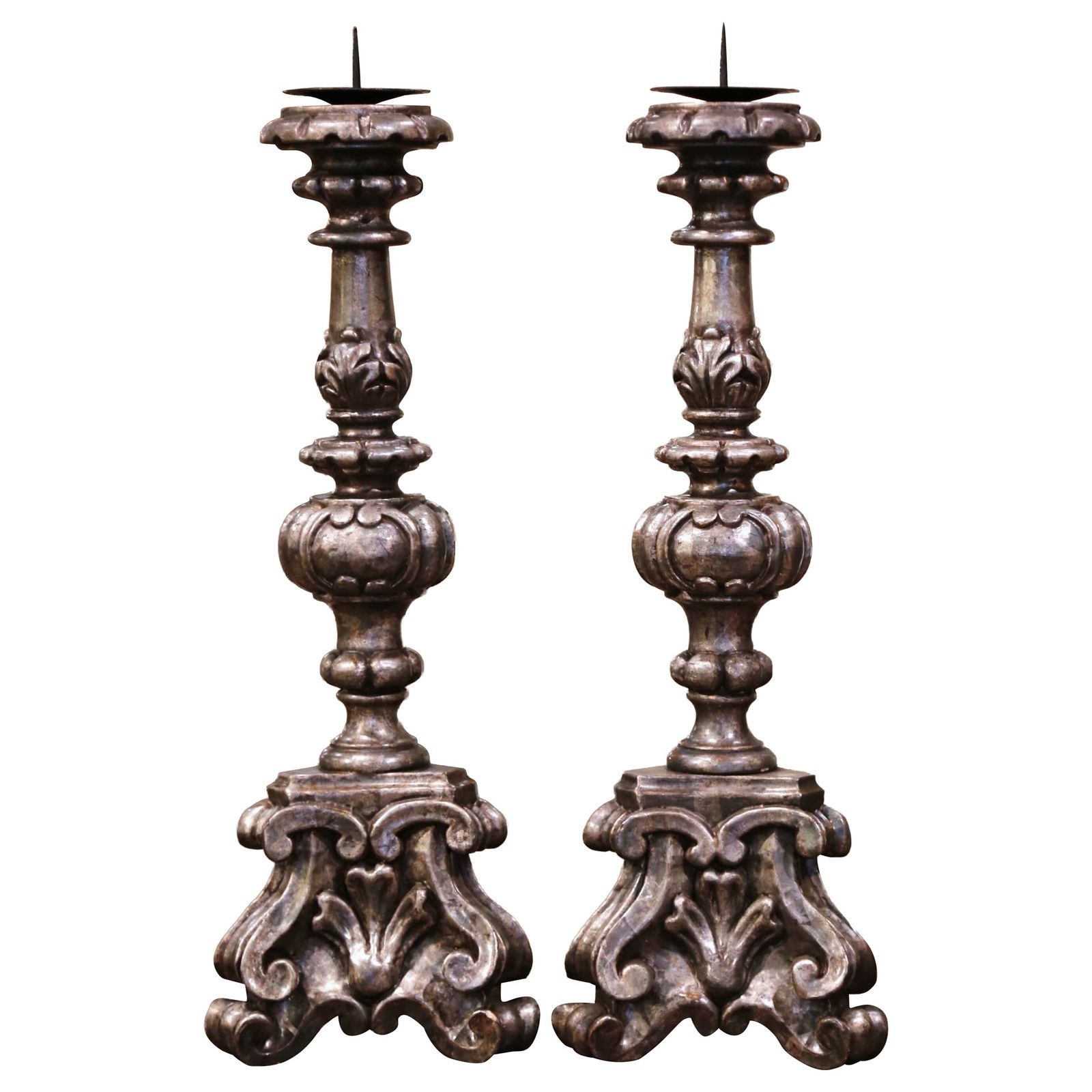 Set of 2 Italian Silver Leaf Louis XV Style Carved Wooden Pricket Candlesticks: Set of 2 Italian Silver Leaf Louis XV Style Carved Wooden Pricket Candlesticks This pair of mid-century Italian candlesticks, crafted circa 1960, features hand-carved wood with a polychrome silver lea