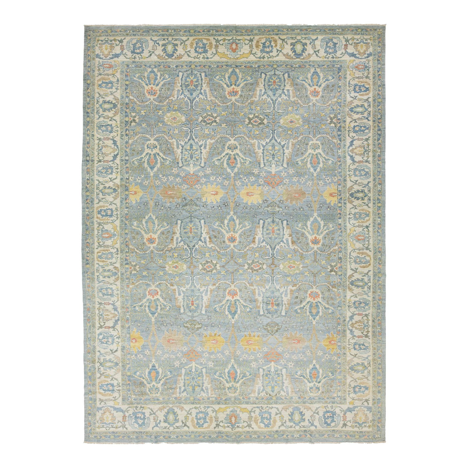 Oversized Sultanabad Wool Rug Blue Floral 14'3 x 19'5: Oversized Sultanabad Wool Rug Blue Floral 14'3 x 19'5 Transform your living space with this stunning hand-knotted oversized Sultanabad wool rug. Featuring a soothing light blue background adorned with