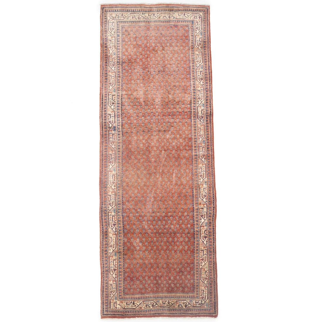 Wool Tribal Runner Rug With Allover Floral Motif Handmade 3'8 x 10'2: Wool Tribal Runner Rug With Allover Floral Motif Handmade 3'8 x 10'2 This handmade tribal runner rug features an allover floral pattern in muted shades of orange-red, cream, blue, purple, and light sa