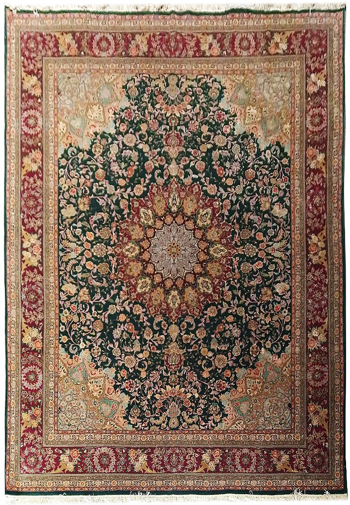 8 x 10 Handwoven Emerald Green Wool Silk Tabriz Area Rug: 8 x 10 Handwoven Emerald Green Wool Silk Tabriz Area Rug Free continental US Shipping Enhance your home decor with this exquisite 8 x 10 Emerald Green Wool and Silk Tabriz Rug. This fine-quality area
