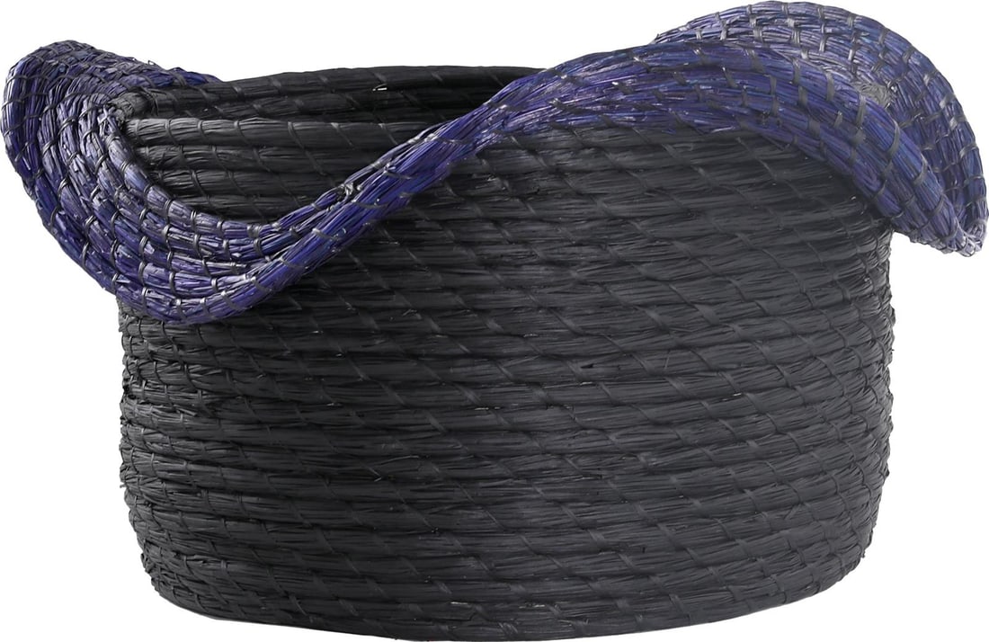 Midnight Blue Woven Seagrass Basket 14.5H 23.5W 23.5D: Midnight Blue Woven Seagrass Basket 14.5H 23.5W 23.5D Enhance your home decor with this elegant blue seagrass basket, perfect for stylish spaces. This spacious basket features a rich midnight blue fin