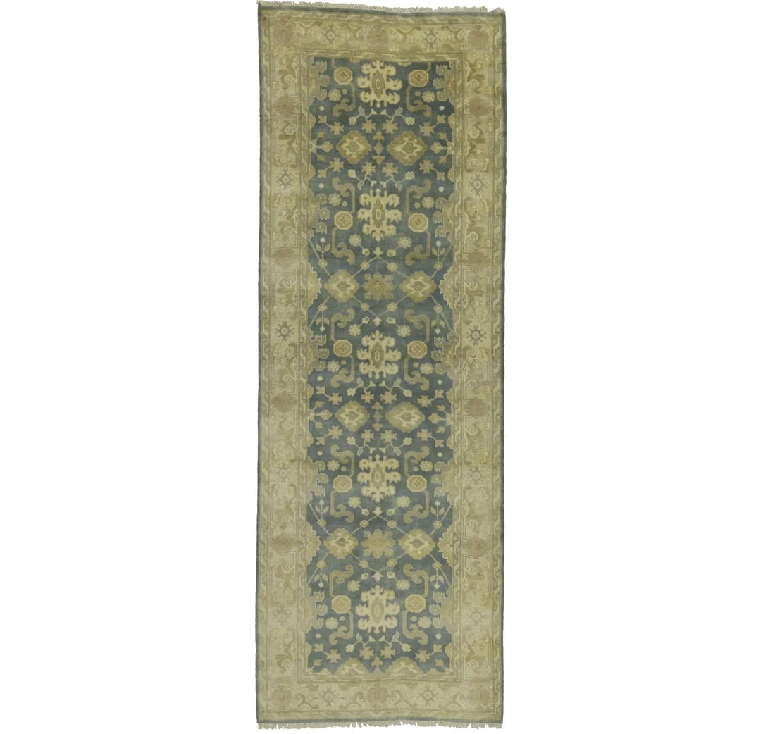 Rare Handmade Gray Oushak Floral Runner Rug 4'1 x 11'8 Wool: Rare Handmade Gray Oushak Floral Runner Rug 4'1 x 11'8 Wool Enhance your space with this stunning handmade Oushak oriental runner rug, featuring a rare size ideal for hallways and kitchens. The rug sh