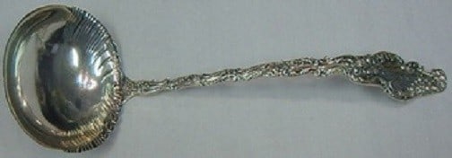 Durgin Watteau Sterling Silver Soup Ladle 12 3/8" Goldwashed Antique: Durgin Watteau Sterling Silver Soup Ladle 12 3/8" Goldwashed Antique Presenting a stunning Watteau pattern soup ladle by Durgin, crafted from high-quality sterling silver. This large ladle measures 12