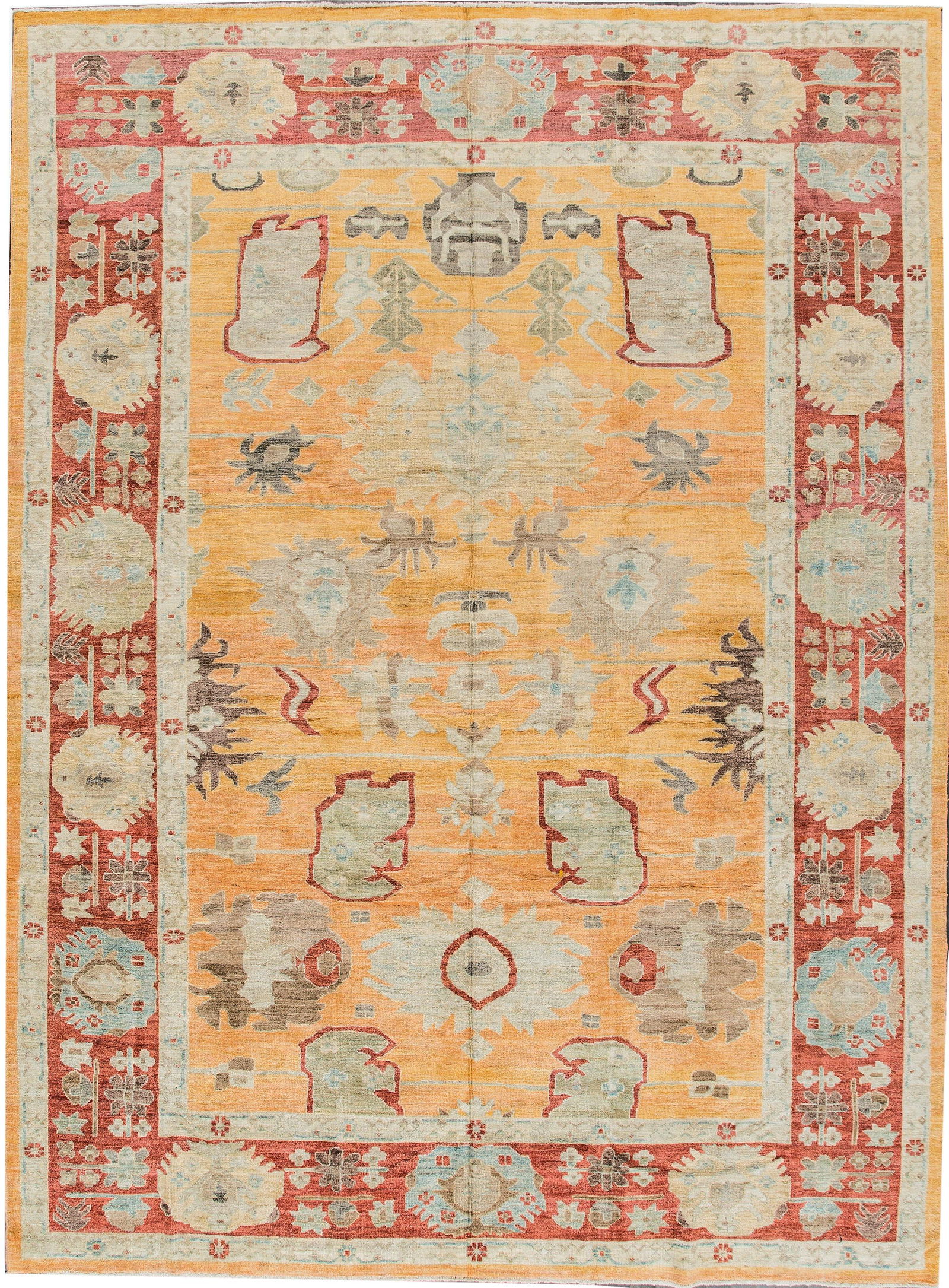 Artisan Hand-Knotted Sultanabad Wool Rug 10'1 x 13'9 Yellow Floral Design: Artisan Hand-Knotted Sultanabad Wool Rug 10'1 x 13'9 Yellow Floral Design This exquisite hand-knotted Sultanabad rug showcases a beautiful floral design interwoven with geometric patterns on a vibrant