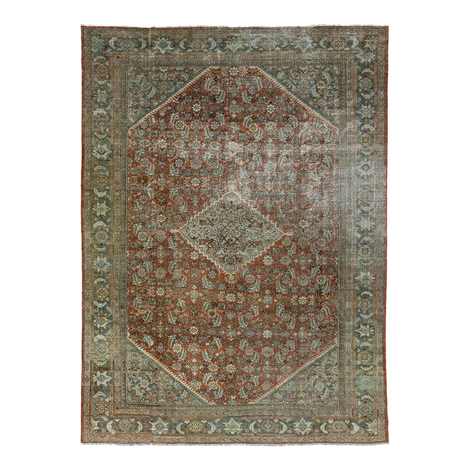 Antique Persian Mahal Wool Rug 8'6 x 11'9 Red Allover Design: Antique Persian Mahal Wool Rug 8'6 x 11'9 Red Allover Design This exquisite hand-knotted wool antique Mahal rug showcases a stunning all-over design featuring intricate motifs in blue, brown, and beig