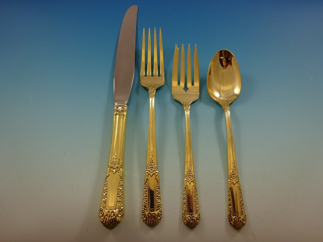 Inaugural by State House Gold Vermeil Sterling Silver Flatware Set for 8 - 32 Pieces: Inaugural by State House Gold Vermeil Sterling Silver Flatware Set for 8 - 32 Pieces Elevate your dining experience with this exquisite Inaugural by State House Sterling Silver Flatware Service for 8.