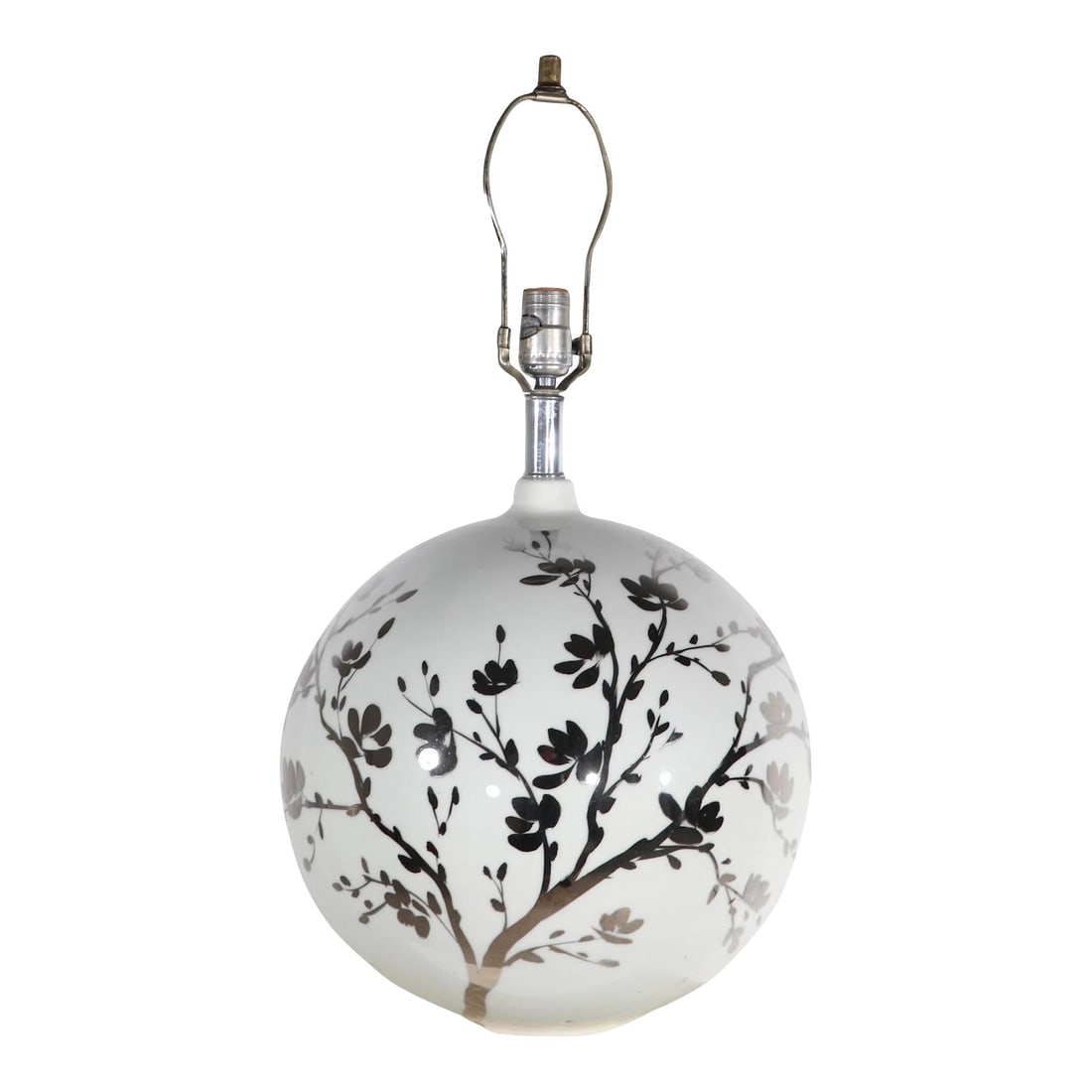 Morris Greenspan White Ceramic Ball Lamp with Silver Foliate Motif: Morris Greenspan White Ceramic Ball Lamp with Silver Foliate Motif This exquisite table lamp features a stunning high-glaze white ceramic ball form, adorned with a silver deposit foliate decorative mo