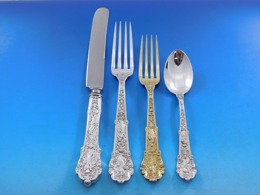 Gorham Coligni Sterling Silver Flatware Set 48 pcs Multi-Motif with Storage Chest: Gorham Coligni Sterling Silver Flatware Set 48 pcs Multi-Motif with Storage Chest Discover the exquisite Coligni by Gorham Sterling Silver Flatware Set, a remarkable 48-piece collection that showcases