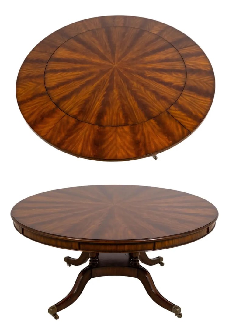 Regency Style Mahogany Dining Table With Star Inlay and Perimeter Leaves: Regency Style Mahogany Dining Table With Star Inlay and Perimeter Leaves This round dining room table features a figural mahogany top with a striking inlay center star medallion and perimeter outer le