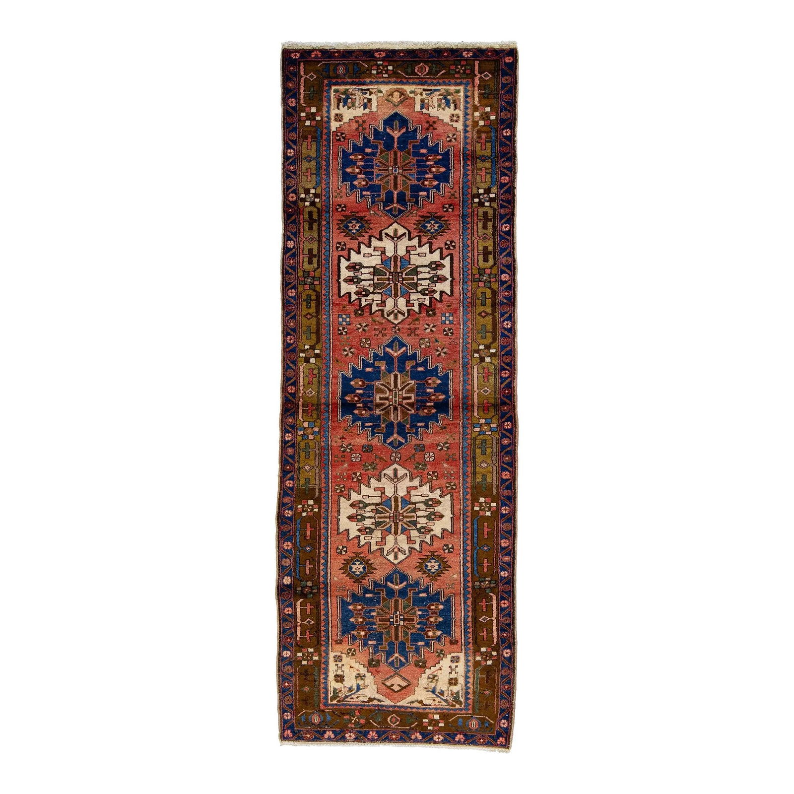 Vintage Heriz Tribal Wool Rug Red Rust Colors 3'6 x 10'10: Vintage Heriz Tribal Wool Rug Red Rust Colors 3'6 x 10'10 Experience the rich tradition of Persian craftsmanship with this stunning Vintage Heriz Handmade Wool Rug. Featuring a captivating red rust fi