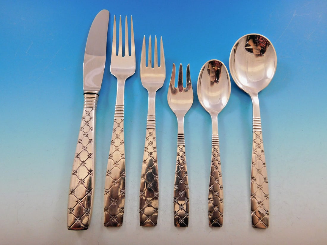 E. Dragsted Star Pattern Sterling Silver Flatware Set 52 Pieces Mid-Century Modern: E. Dragsted Star Pattern Sterling Silver Flatware Set 52 Pieces Mid-Century Modern Introducing the exquisite Star flatware set by E. Dragsted, a remarkable example of Danish Mid-Century Modern design.