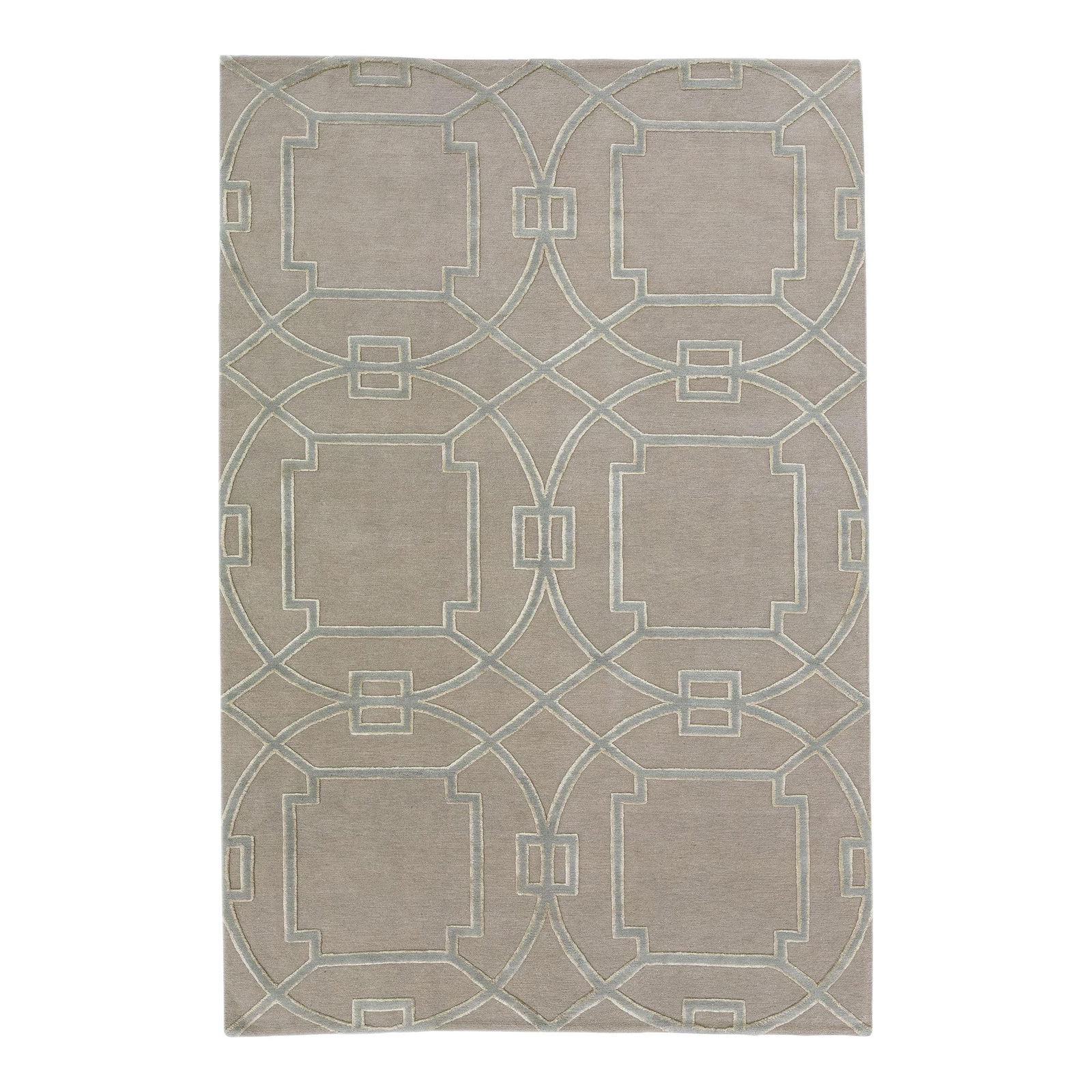 Handmade Tibetan Wool Silk Rug 6' x 9' Beige Geometric Design: Handmade Tibetan Wool Silk Rug 6' x 9' Beige Geometric Design This exquisite contemporary Tibetan rug is meticulously handcrafted from a luxurious blend of wool and silk. Featuring a stunning beige fo
