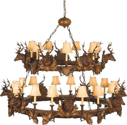 Hand-Painted Mountain Collection Stag Head Bowl Chandelier: Hand-Painted Mountain Collection Stag Head Bowl Chandelier Illuminate your space with this exquisite Hand-Painted Mountain Collection Lighting Piece. This stunning 2-Tier Bowl Chandelier features a un