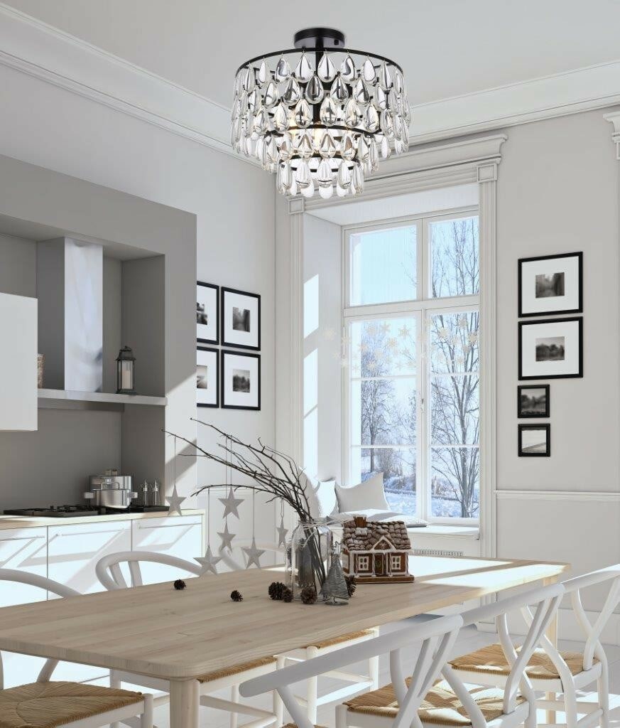 Mila 3-Light 16 Inch Black Crystal Flush Ceiling Chandelier by Living District: Mila 3-Light 16 Inch Black Crystal Flush Ceiling Chandelier by Living District This modern flush mount chandelier features a black finish with high-quality glass and crystal drops for a striking conte