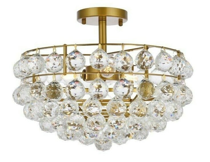 Savannah 3-Light Brass Semi-Flush Mount Chandelier with Clear Crystals: Savannah 3-Light Brass Semi-Flush Mount Chandelier with Clear Crystals Illuminate your home with this stunning 16-inch Crystal Chandelier Flush Mount Light, perfect for enhancing the ambiance in any r