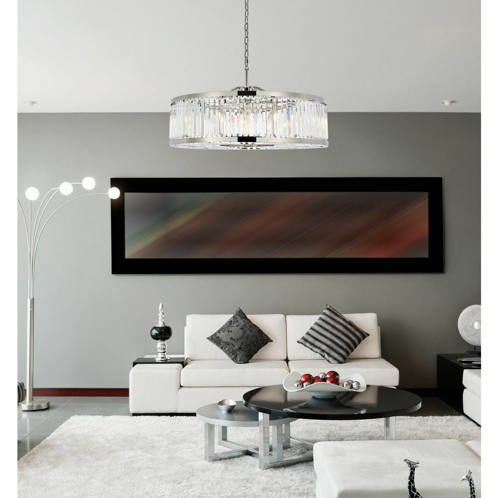 Chelsea 10-Light Crystal Chandelier in Polished Nickel 43.5 Inch Modern Pendant: Chelsea 10-Light Crystal Chandelier in Polished Nickel 43.5 Inch Modern Pendant This large crystal chandelier features a modern design with a polished nickel frame and royal cut clear crystals. Design