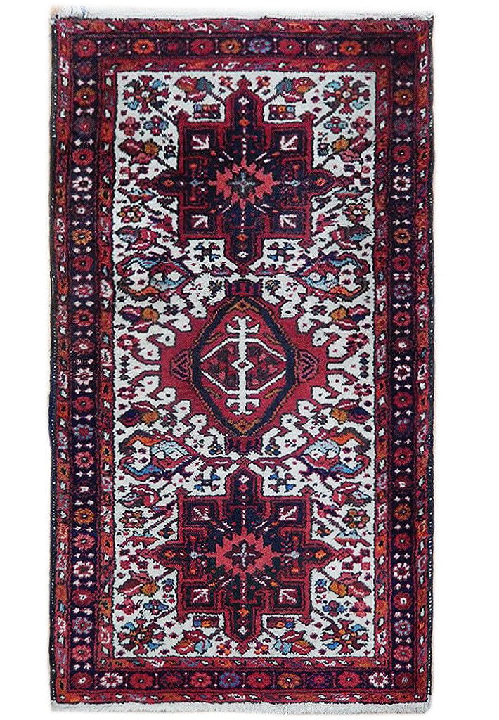 2.7 x 4 Semi-Antique Persian Karaja Area Rug Handcrafted in Iran: 2.7 x 4 Semi-Antique Persian Karaja Area Rug Handcrafted in Iran Free continental US Shipping Discover the exquisite craftsmanship of this Semi-Antique Persian Karaja Rug, measuring 2' 7" x 4' (31 in