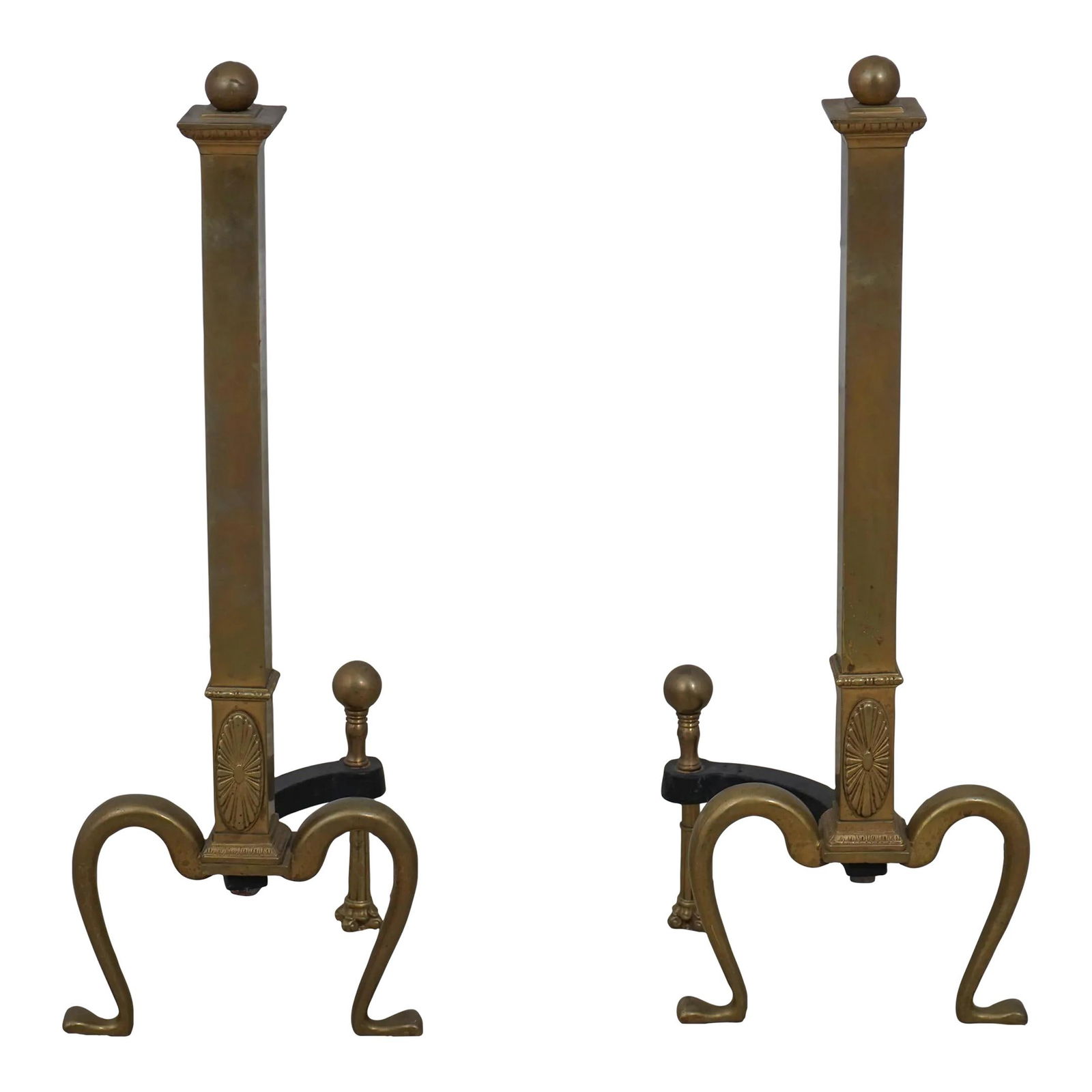 Antique Regency Brass Fireplace Andirons C.1920s Pair: Antique Regency Brass Fireplace Andirons C.1920s Pair Enhance your fireplace with this elegant pair of antique Regency style brass andirons, crafted around the 1920s. Featuring high-quality constructi