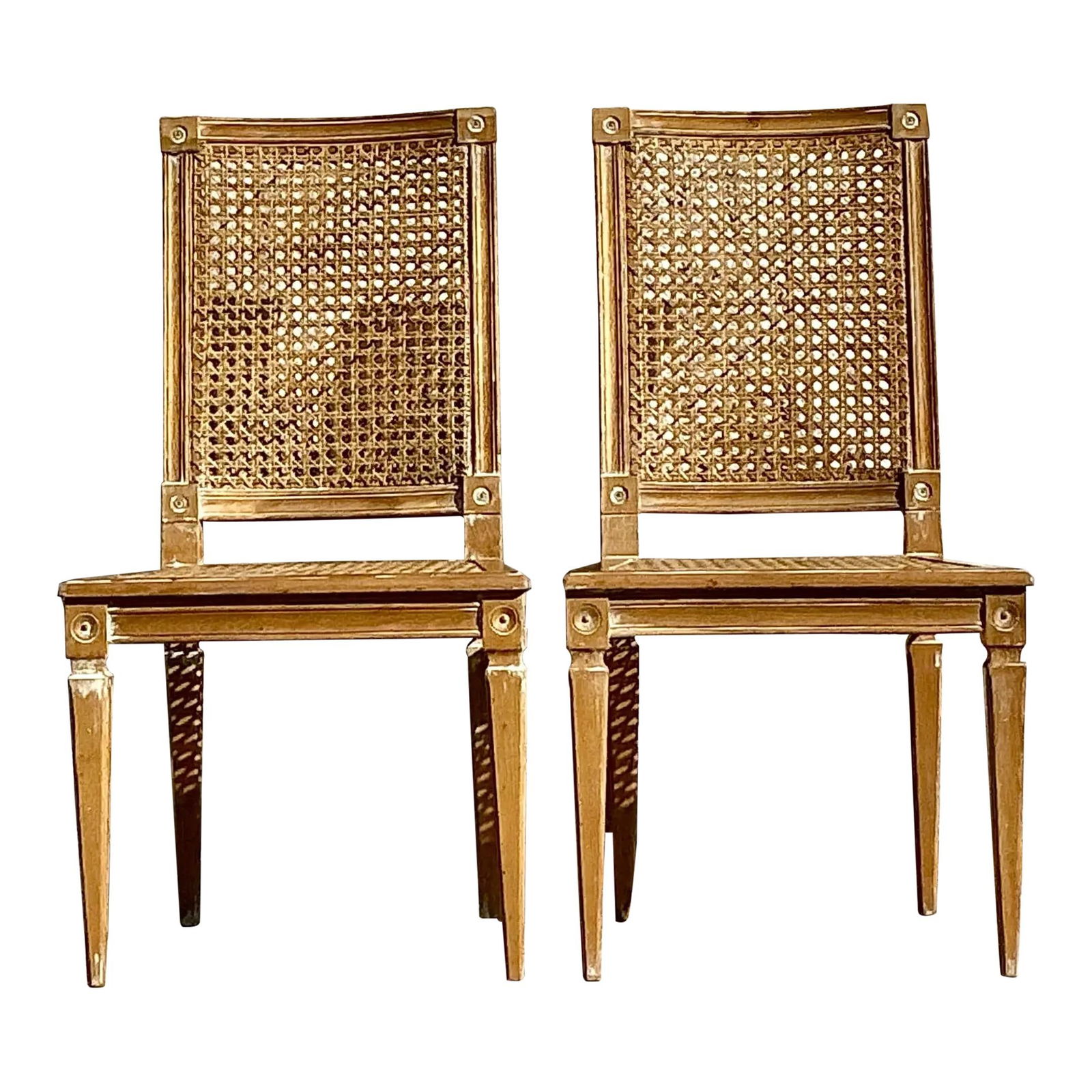 Elegant Vintage Italian Regency Cane Wood Side Chairs Pair: Elegant Vintage Italian Regency Cane Wood Side Chairs Pair Enhance your living space with this exquisite pair of vintage Italian Regency side chairs. The elegant design features a harmonious blend of