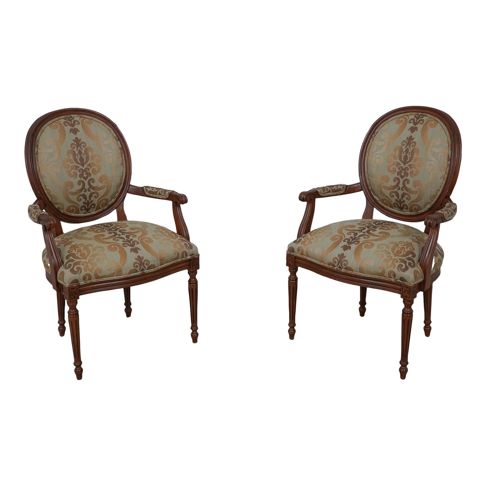 Ethan Allen French Medallion Back Armchairs Pair in Damask Upholstery: Ethan Allen French Medallion Back Armchairs Pair in Damask Upholstery Enhance your living space with this exquisite pair of Ethan Allen French Medallion Back Armchairs. Crafted around 2012, these armc