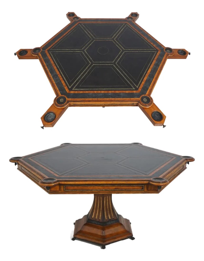 Hexagonal Game Table with Six Drawers and Tooled Leather Top: Hexagonal Game Table with Six Drawers and Tooled Leather Top This Maitland-Smith game table features a distinctive hexagonal design with six drawers and a factory-distressed finish. The table is craft