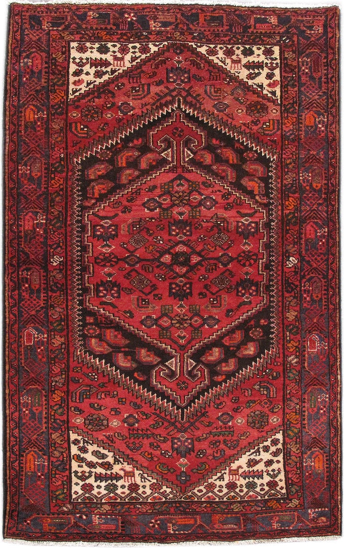 Hand-Knotted 4'4 x 7' Red Persian Hamadan Area Rug: Hand-Knotted 4'4 x 7' Red Persian Hamadan Area Rug Free continental US Shipping Elevate your space with the exquisite 4'4" x 7' Red Persian Hamadan Rug, handcrafted by skilled artisans in the renowned