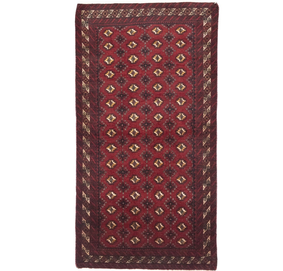 Vintage Tribal Wool Area Rug 3'6 x 6'8 Hand-Knotted Red Allover Pattern: Vintage Tribal Wool Area Rug 3'6 x 6'8 Hand-Knotted Red Allover Pattern This is a vintage hand-knotted oriental area rug featuring an allover tribal design in shades of red, charcoal, caramel, and cre