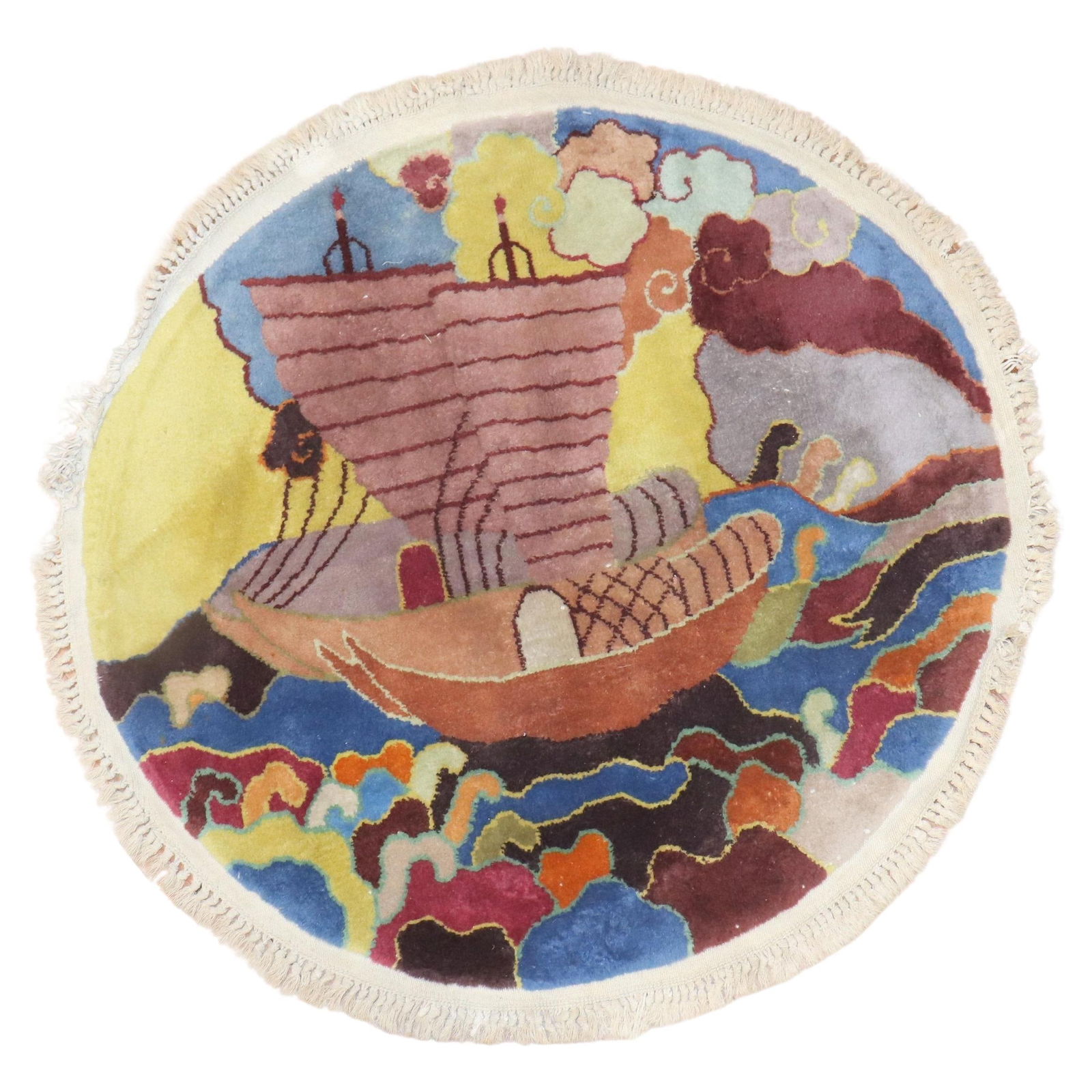 1940s Chinese Art Deco Round Rug Anglo-Indian Wool Hand-Woven: 1940s Chinese Art Deco Round Rug Anglo-Indian Wool Hand-Woven Discover a stunning piece of history with this charming Chinese Art Deco round rug, crafted in the 1940s. This small rug showcases a uniqu