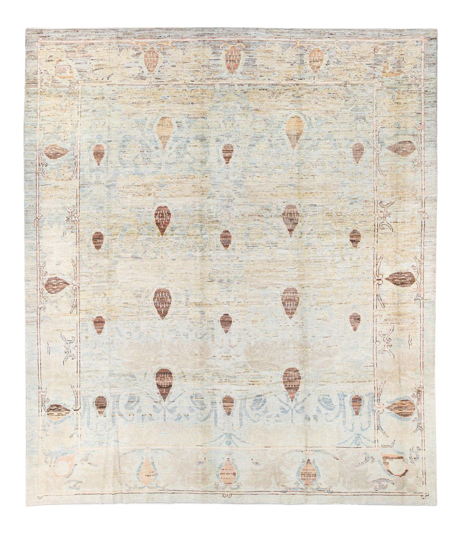 Handmade Modern Oushak Tribal Floral Wool Rug 11'6 x 13: Handmade Modern Oushak Tribal Floral Wool Rug 11'6 x 13 Enhance your space with this exquisite Modern Oushak hand-knotted wool rug, featuring a stunning blue and beige field adorned with a captivating