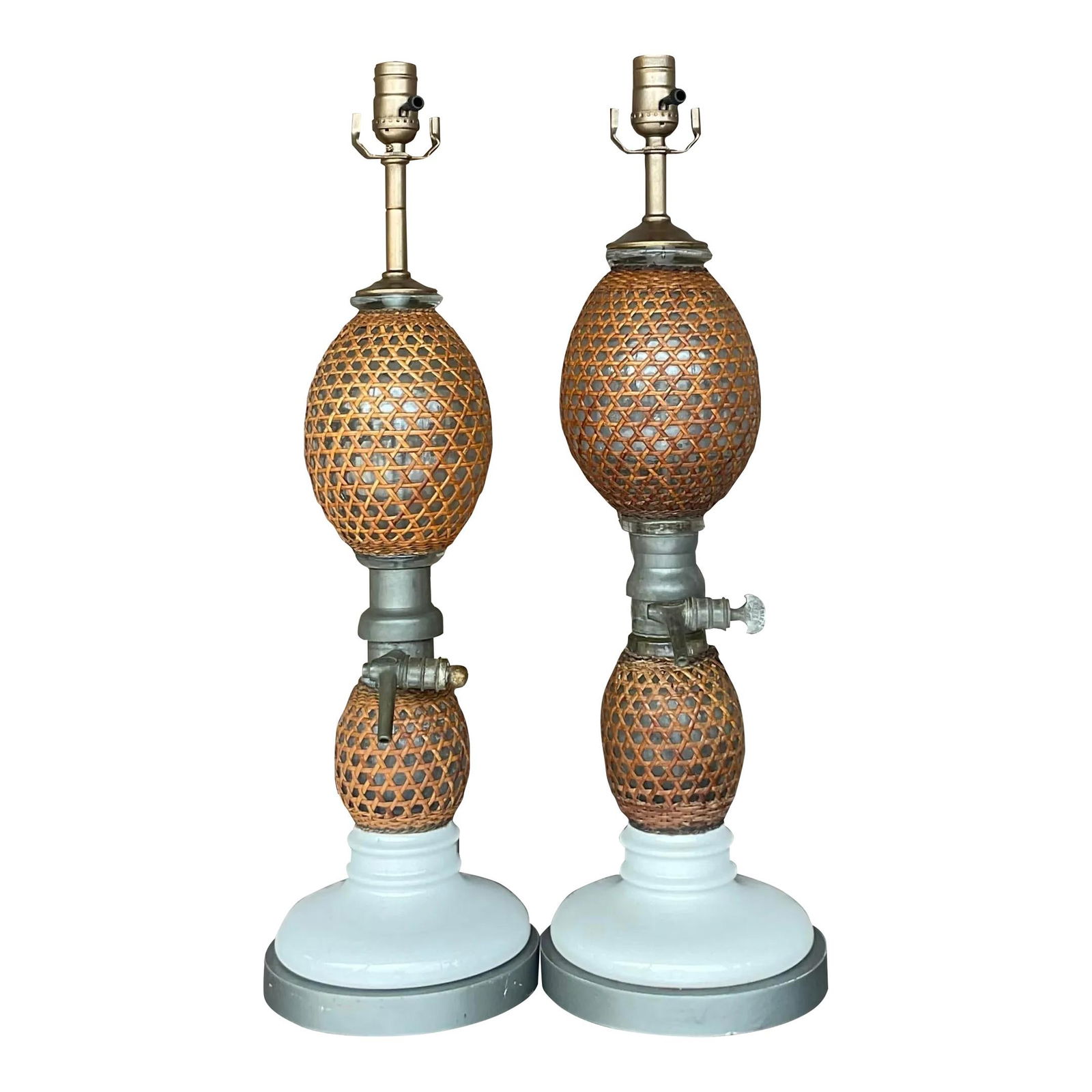 Pair of Vintage French Briet Brevete Rattan Glass Lamps Boho Style: Pair of Vintage French Briet Brevete Rattan Glass Lamps Boho Style Illuminate your space with this exquisite pair of Vintage Boho French 'Briet Brevete' Rattan and Glass Lamps. These lamps beautifully