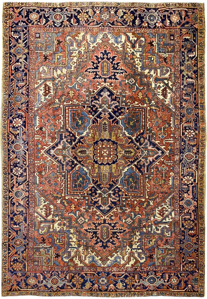 7'1" x 10'3" Authentic Persian Heriz Rug Hand-Knotted Wool: 7'1" x 10'3" Authentic Persian Heriz Rug Hand-Knotted Wool Free continental US Shipping Transform your space with this stunning 7' x 10' Authentic Old Persian Heriz Rug, a true testament to traditiona