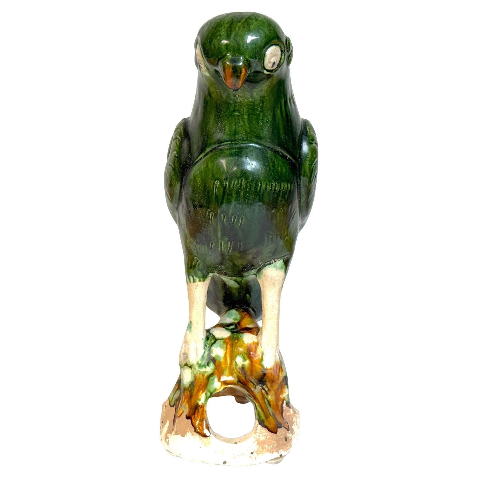 Monumental 19in Chinese Export Sancai Glazed Parrot Late Qing Dynasty: Monumental 19in Chinese Export Sancai Glazed Parrot Late Qing Dynasty This monumental Chinese export porcelain parrot, dating from the late 19th century, showcases the vibrant green sancai glaze that