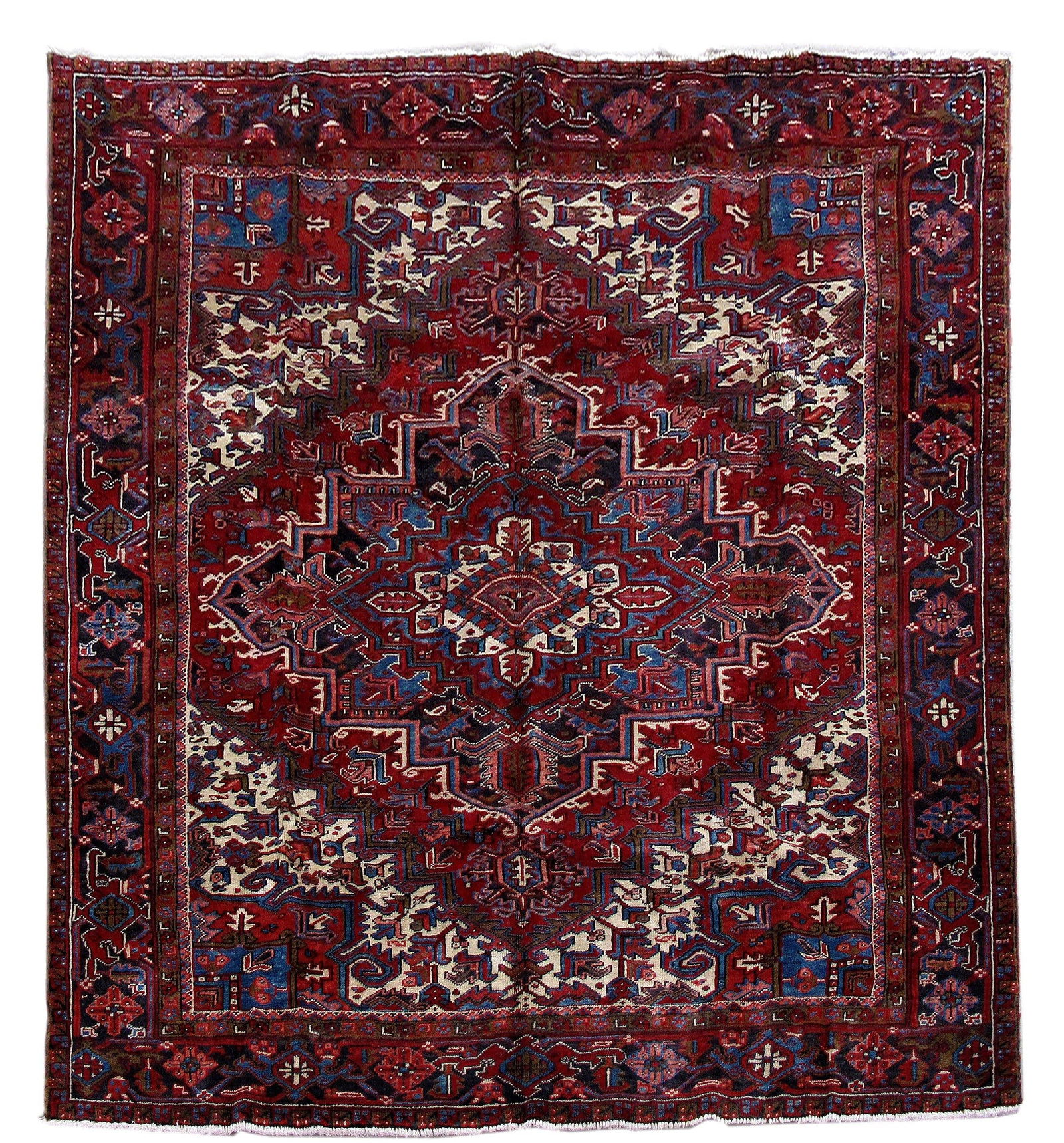 8'1 x 9'3 Handcrafted Red Persian Heriz Rug: 8'1 x 9'3 Handcrafted Red Persian Heriz Rug Free continental US Shipping Enhance your living space with this exquisite 8' x 9' Red Persian Heriz square rug. Handcrafted by skilled Persian artisans, th