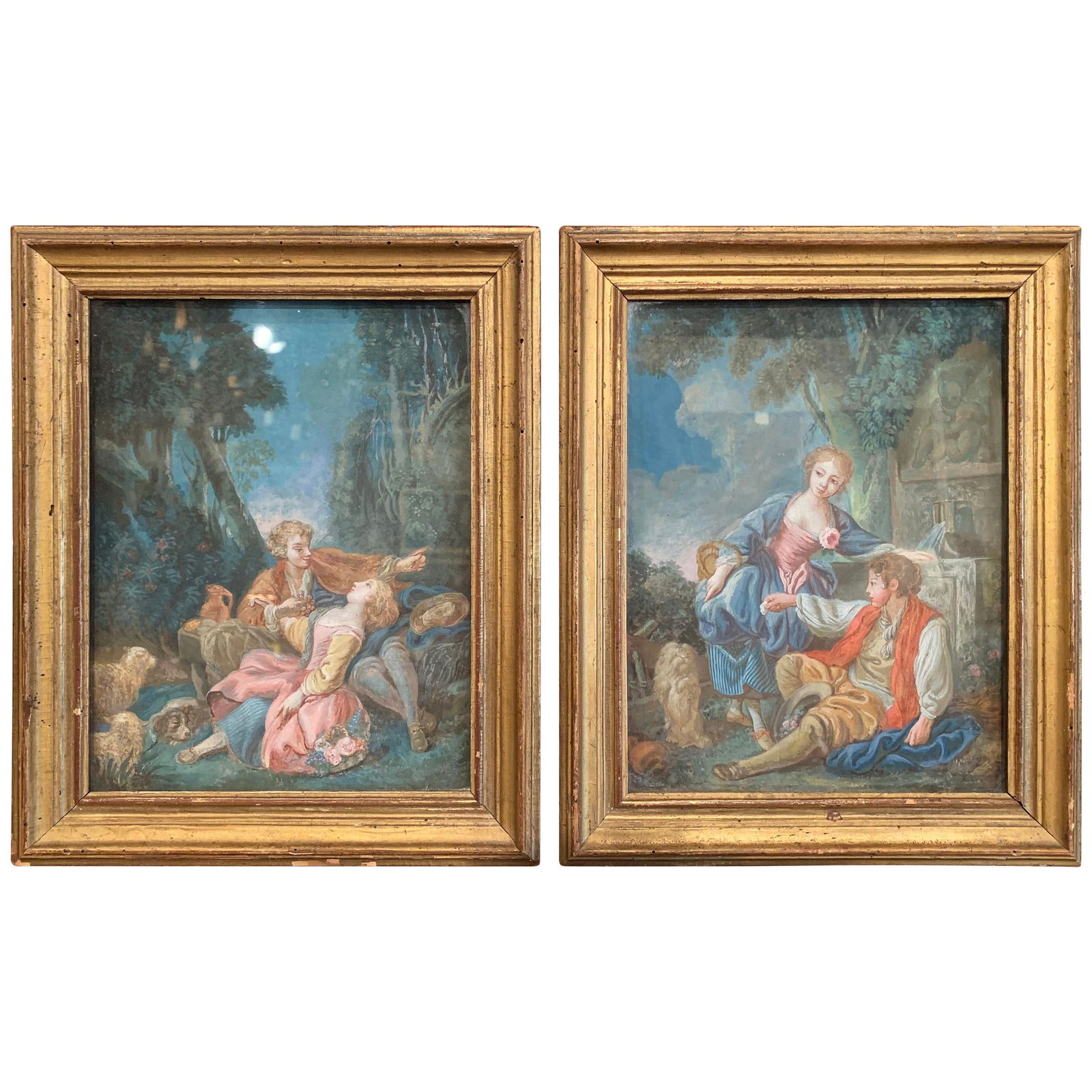 Set of 2 Late 18th Century Louis XVI Watercolors in Giltwood Frames: Set of 2 Late 18th Century Louis XVI Watercolors in Giltwood Frames This exquisite pair of 18th-century Louis XVI watercolors showcases the elegance of French artistry from circa 1780. Each piece, fra