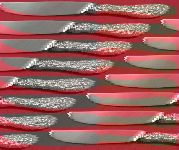 Stieff Rose Pattern Sterling Silver Steak Knife Set 8pc 8 Inches: Stieff Rose Pattern Sterling Silver Steak Knife Set 8pc 8 Inches Enhance your dining experience with this exquisite set of 8 steak knives from the renowned Stieff brand, featuring the elegant Rose pat