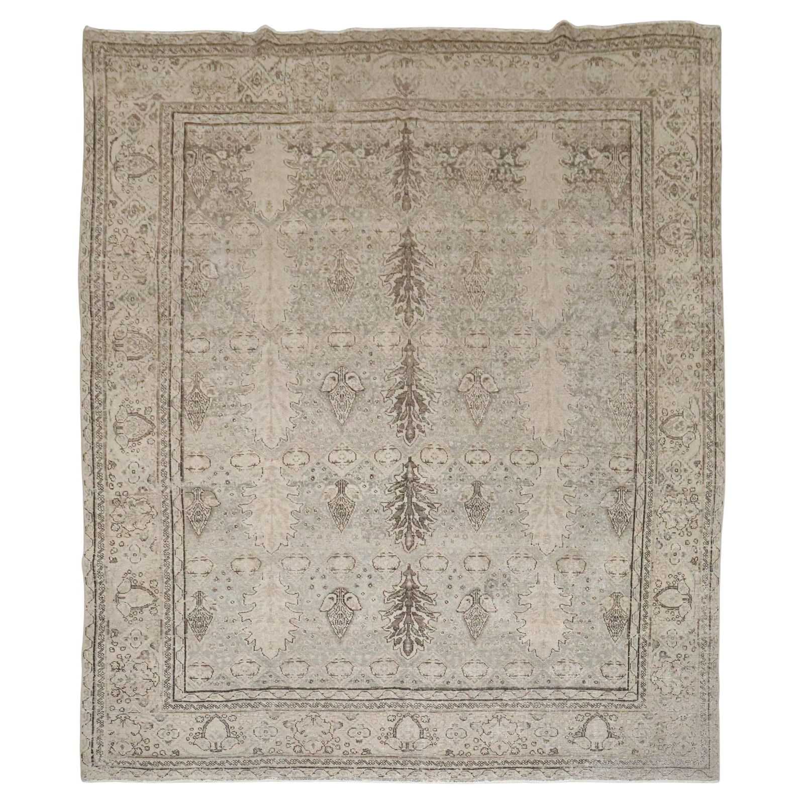 Square Tabriz Rug with Botanical Motifs in Gray Wool 9'1" x 10'5": Square Tabriz Rug with Botanical Motifs in Gray Wool 9'1" x 10'5" This antique Persian Tabriz rug features an all-over botanical design with stylized palmettes, leaves, and small floral motifs, charac