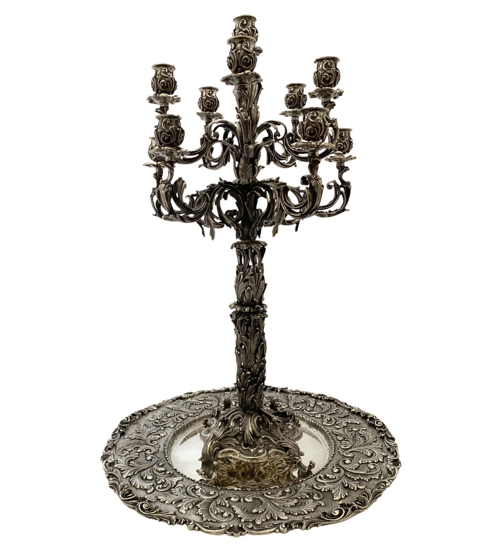 Italian 925 Sterling Silver 11 Light Candelabra with Tray: Italian 925 Sterling Silver 11 Light Candelabra with Tray This exquisite handmade candelabra and tray set is crafted from Fine Italian 925 Sterling Silver, showcasing an elegant design featuring leaf
