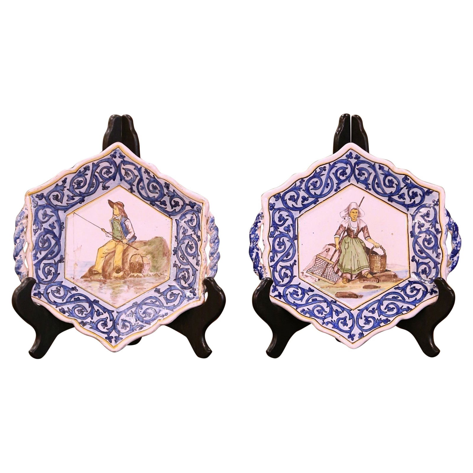 Signed Henriot Quimper Pair of Early 20th Century Faience Coaster Plates: Signed Henriot Quimper Pair of Early 20th Century Faience Coaster Plates Enhance your home decor with this exquisite pair of early 20th century French faience coaster plates, signed Henriot Quimper. C