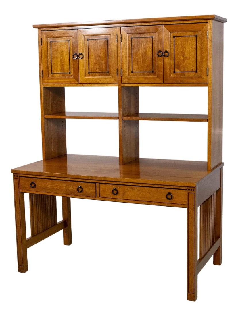 Stickley 21st Century Cherry Wood Desk and Hutch with Adjustable Shelves: Stickley 21st Century Cherry Wood Desk and Hutch with Adjustable Shelves This Stickley 21st Century Cherry Desk & Hutch, crafted around 1998, showcases exceptional quality and modern Arts & Crafts sty