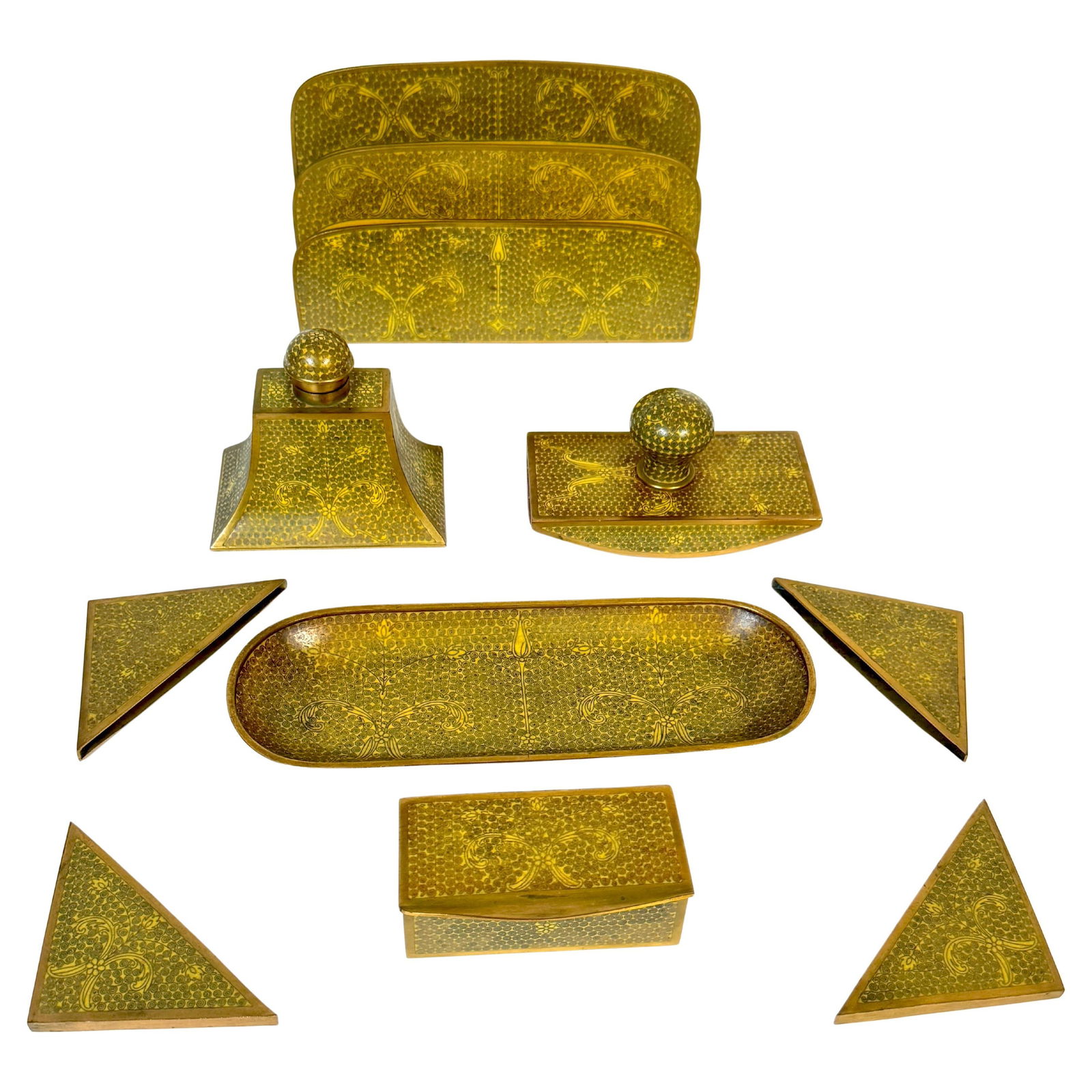 Mid-20th Century Chinese Gilt Brass Cloisonne Nine-Piece Desk Set: Mid-20th Century Chinese Gilt Brass Cloisonne Nine-Piece Desk Set Discover a stunning Chinese Gilt Brass Cloisonne "Scroll and Floral" Nine-Piece Desk Set, crafted in the mid-20th century. This exquis