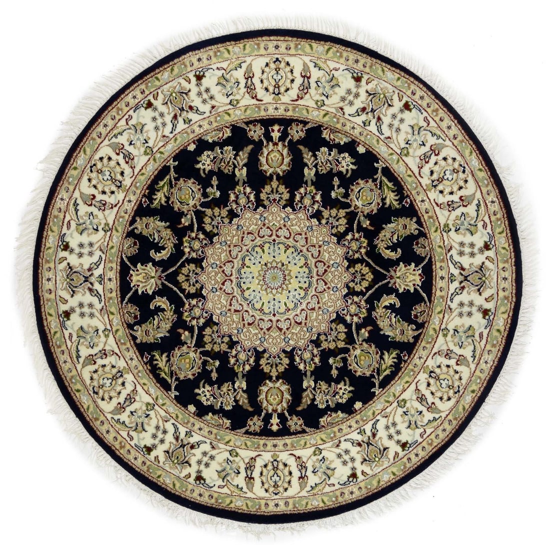 Handmade Round Oriental Rug Floral Design 5'11 Wool Silk: Handmade Round Oriental Rug Floral Design 5'11 Wool Silk Enhance your home decor with this exquisite Handmade Indo-Nain Round Oriental Rug, featuring a classic floral design. Measuring 6 ft in diamete